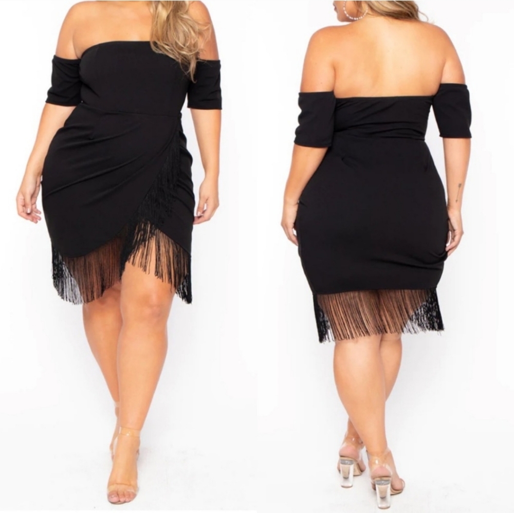 Sexy Curvy Sense Black Off-Shoulder Fringe Midi Dress Lbd Plus 4X Wedding Formal